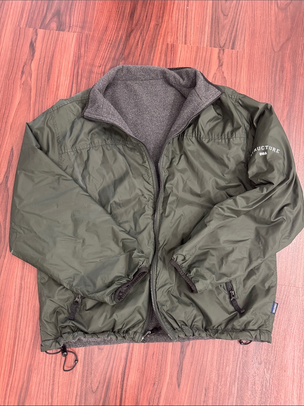 REVERSIBLE Structure Olive Green Windbreaker Jacket with Gray Fleece Lining